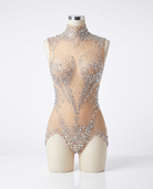 Brianna Silver Rhinestone Bodysuit, a nude mesh bodysuit with hand-glued silver rhinestones and sequins.