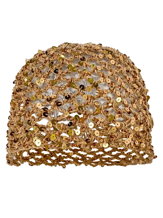 Gold sequined mesh beanie with a breathable, hollow design.