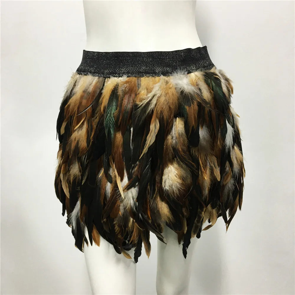 brown Feather Elastic Waist Skirt