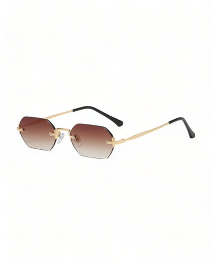 brown lens gold frame Rimless Hexagonal Sunglasses 