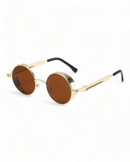 brown lens gold frame Round Steampunk Sunglasses