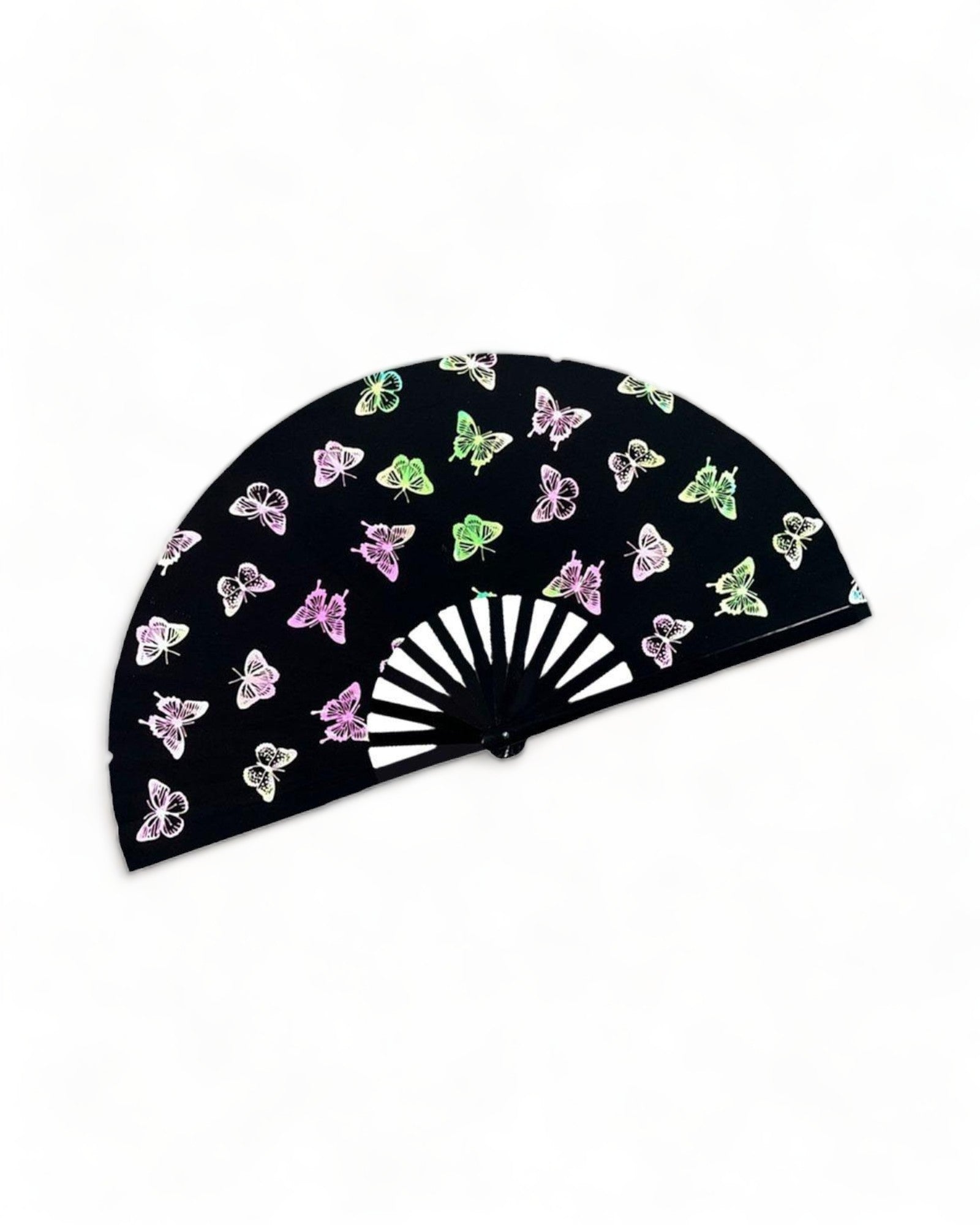 Folding Holographic Hand Fan featuring colorful butterfly designs on a black fabric.