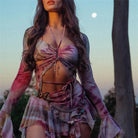 Butterfly Print Mesh Mouw Top en Rok Set met roze tinten, doorschijnende stof en stijlvolle accessoires.