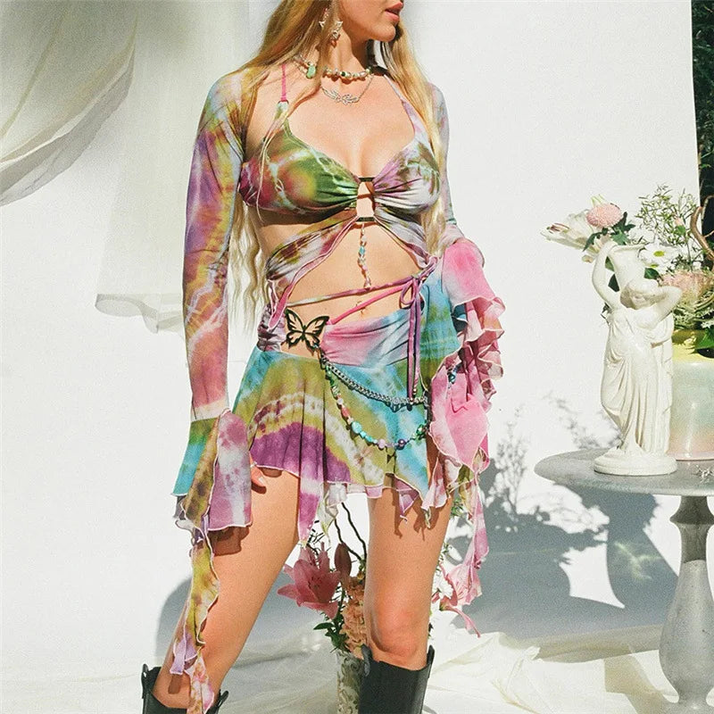 Butterfly Print Mesh Sleeve Top and Skirt Set featuring colorful tie-dye design and sheer sleeves.