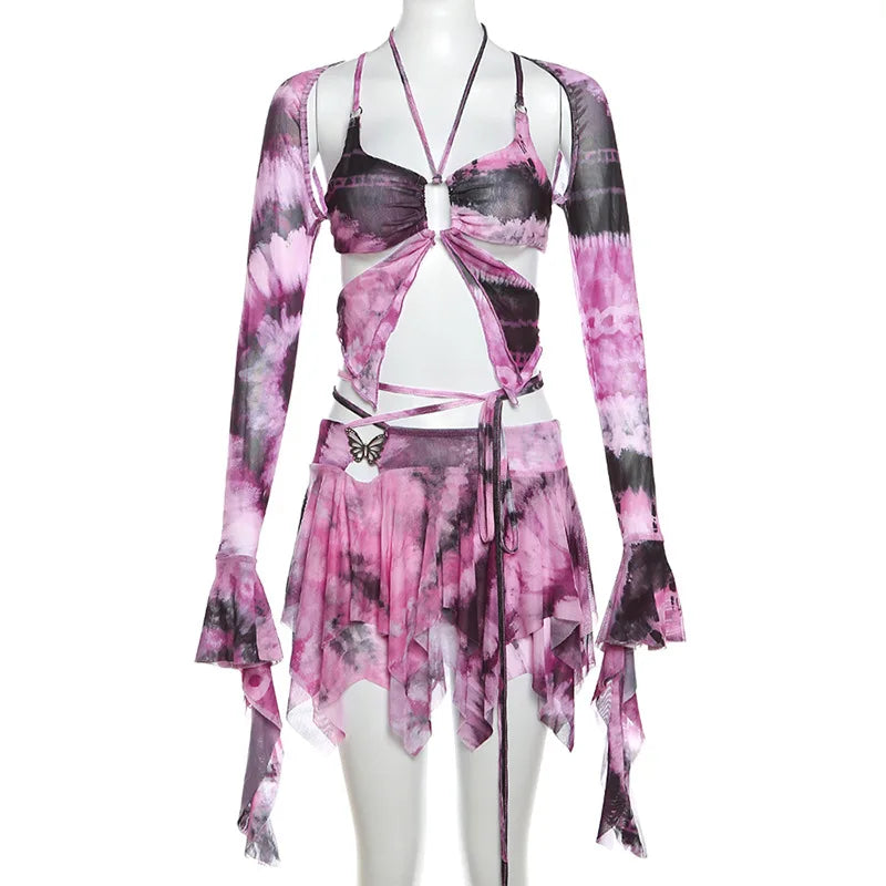 Butterfly Print Mesh Sleeve Top and Skirt Set with sheer long sleeves and butterfly design in pink hues.