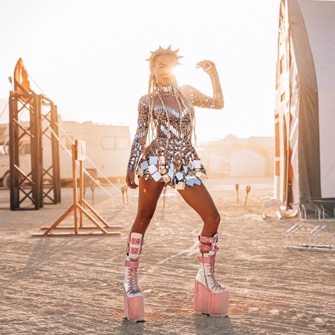 Model wearing Beige Long Sleeve Sequin Rhinestone Mini Dress