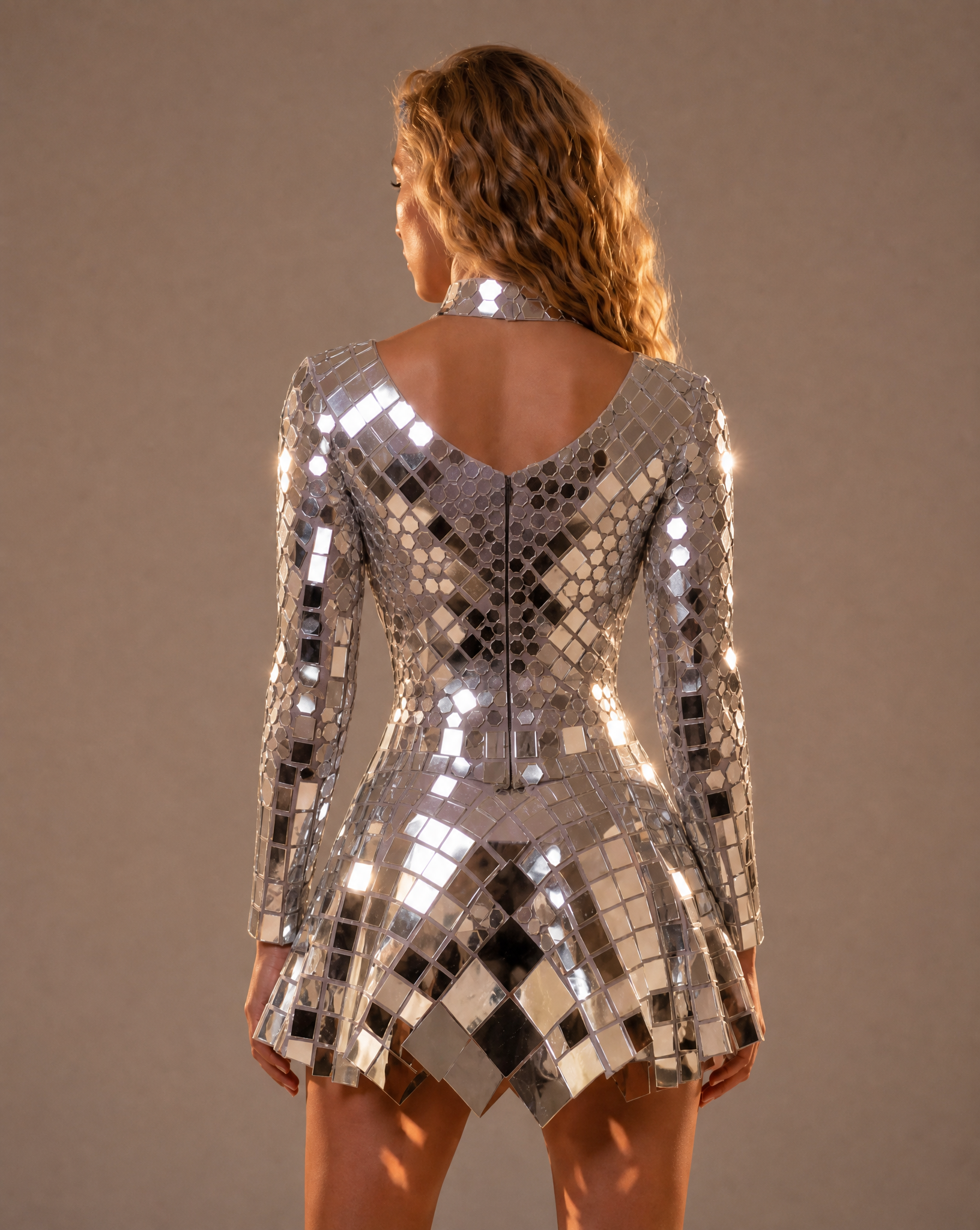 Vista posteriore di una modella che indossa un abito corto argentato con paillettes effetto specchio, maniche lunghe e colletto a collo alto.