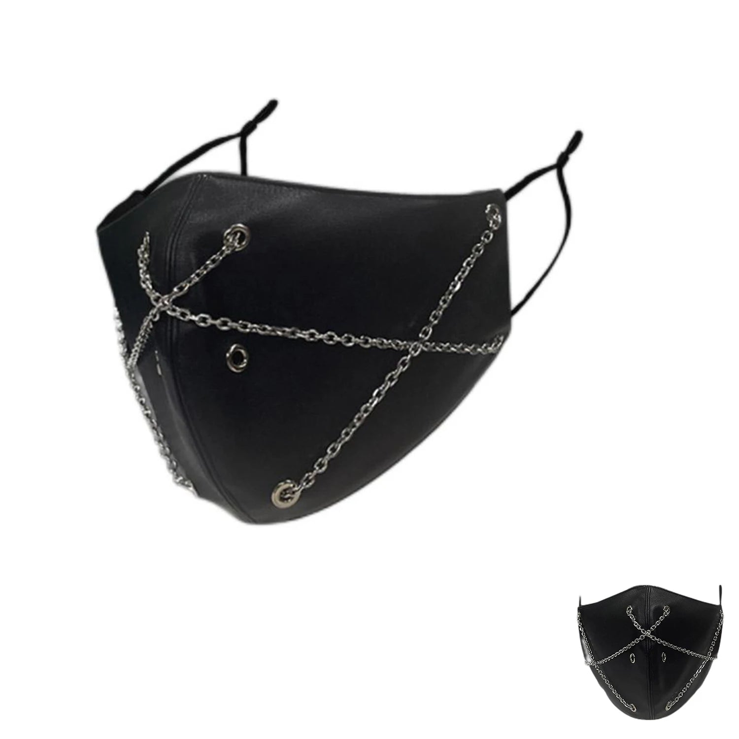 close-up leather steampunk face mask with chains and detailed textures