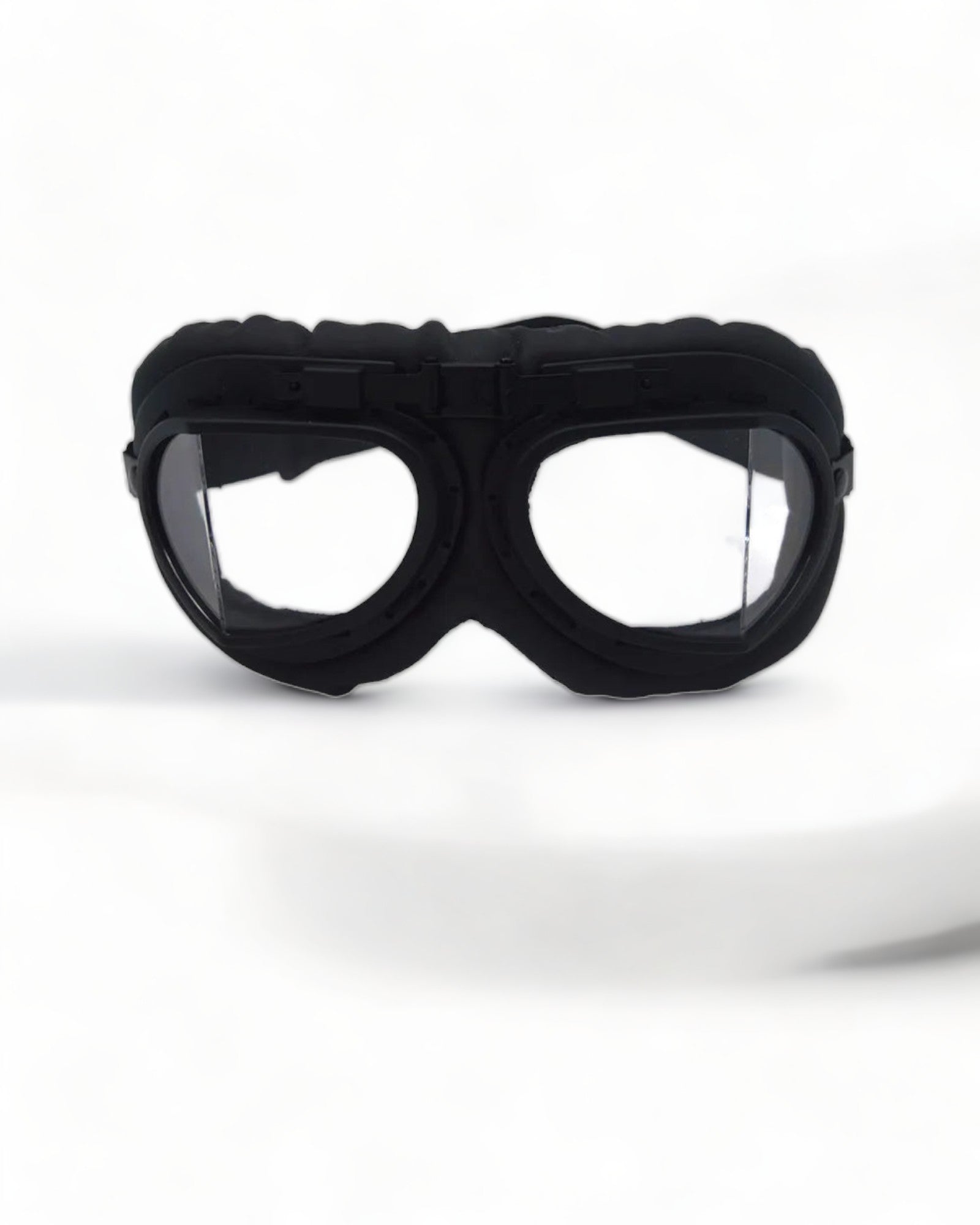 Vintage Steampunk Motorcycle Goggles featuring cushioned interior, UV-400 lens protection, and adjustable headband.