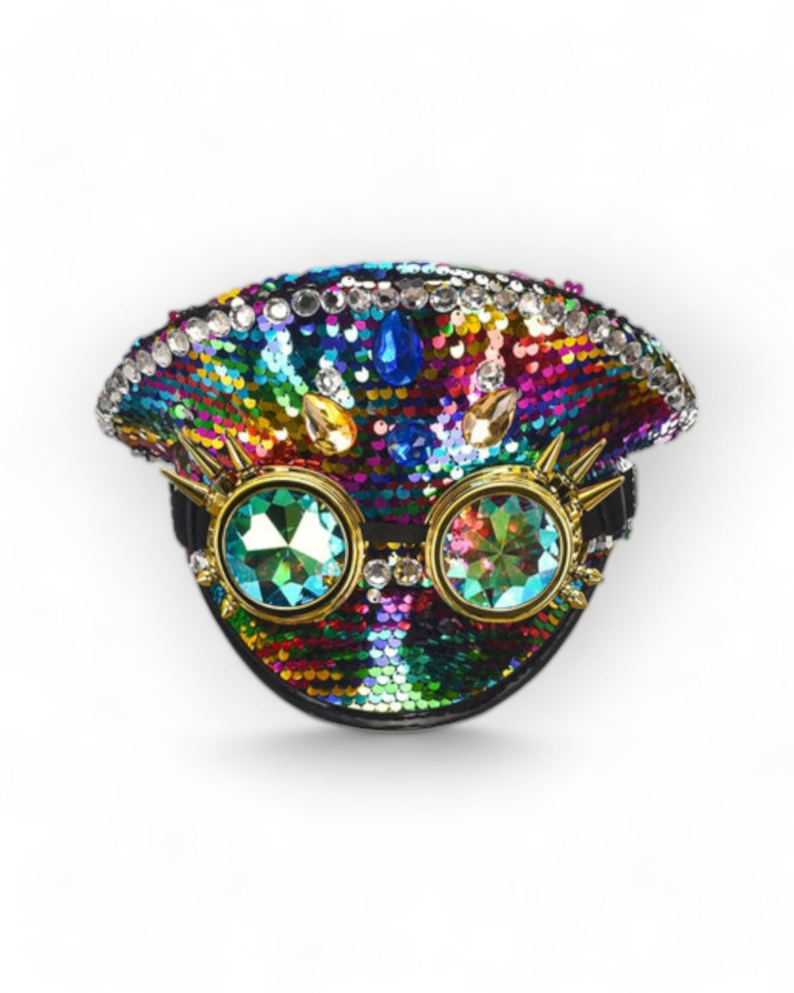 Colorful Sequin Military Hat with Rhinestones and Kaledoiscope Sunglasses