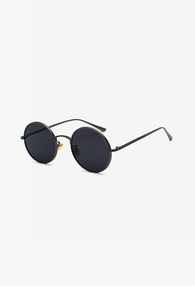 black lens round sunglasses