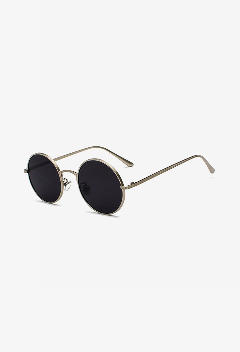 black lens round sunglasses