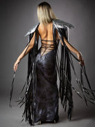 Woman wearing Cosplay Long Tassel Wings with shimmering details and flowing tassels.