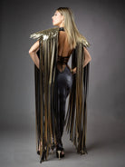 Cosplay Long Tassel Wings showcasing shimmering tassels and gold accents on a model from the back.