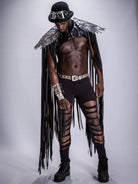 Cosplay Long Tassel Wings worn by a model with stylish black pants and goggles, showcasing festival fashion.