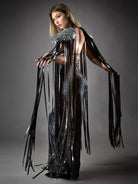 Cosplay Long Tassel Wings showcasing flowing black tassels and bold wing details on a model.