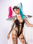 Cosplay Long Tassel Wings worn with bold makeup and vibrant hair, perfect for festival looks.