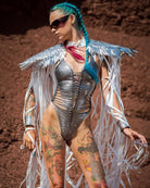 Cosplay Long Tassel Wings showcased with a shimmering silver outfit and flowing tassels.