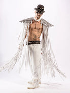 Cosplay Long Tassel Wings worn by a male model with silver tassels and a top hat, showcasing festival style.