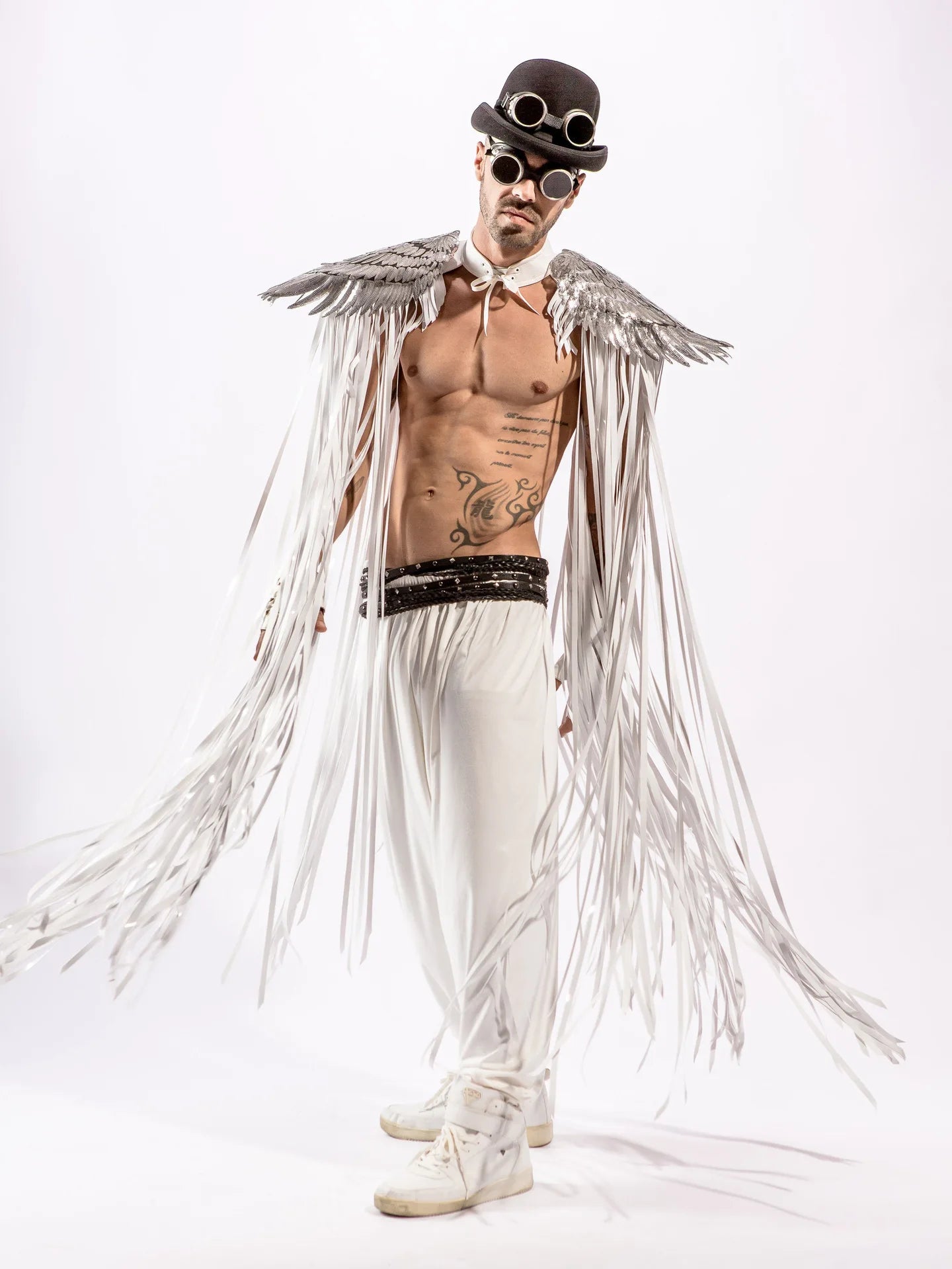 Cosplay Long Tassel Wings worn by a male model with silver tassels and a top hat, showcasing festival style.