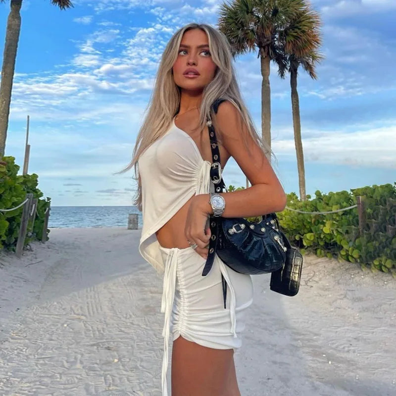 white Crop Top Mini Skirt Set One Shoulder festival dress