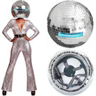 Silver mirror disco ball helmet, 40cm, shown on a model and as a detailed product view.