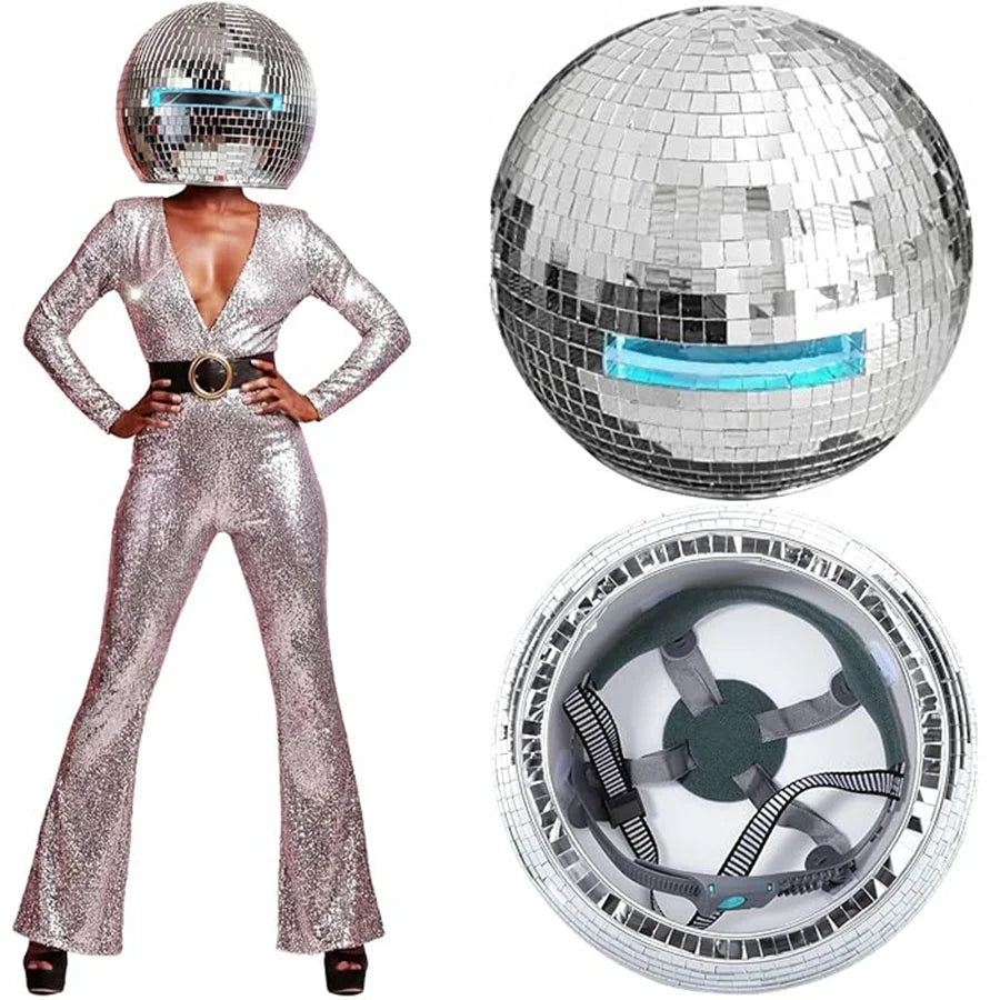 Silver mirror disco ball helmet, 40cm, shown on a model and as a detailed product view.