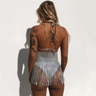 Model showing off the Diamond Bra and Bottom set with sparkly fringe details, perfect for festivals.