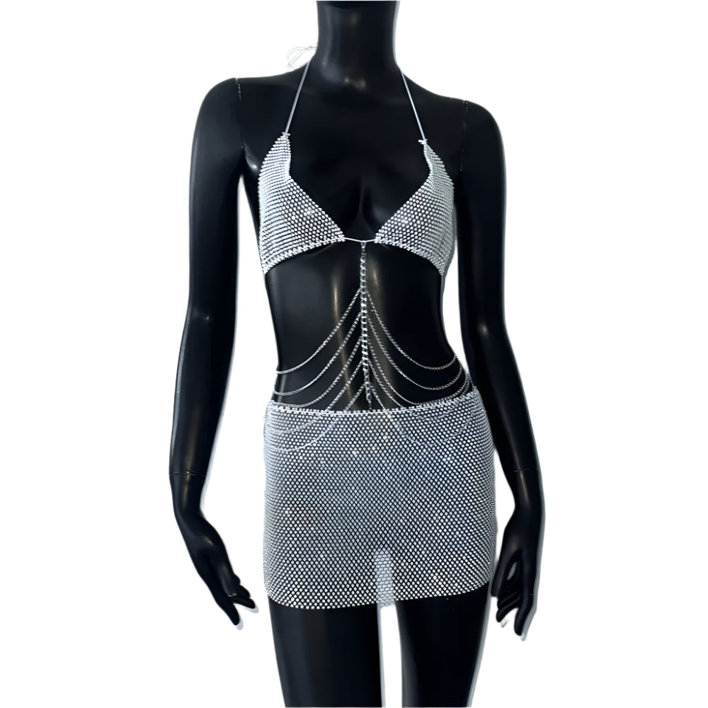 Diamond Fishnet Skirt Set with Chain Tassel
