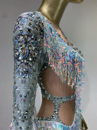 Side view of Diamond Rhinestone Tassel Bodysuit with intricate rhinestone detailing and colorful tassels.