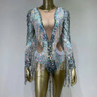 Diamond Rhinestone Tassel Bodysuit with intricate tassels and sparkling rhinestones, perfect for glam looks.