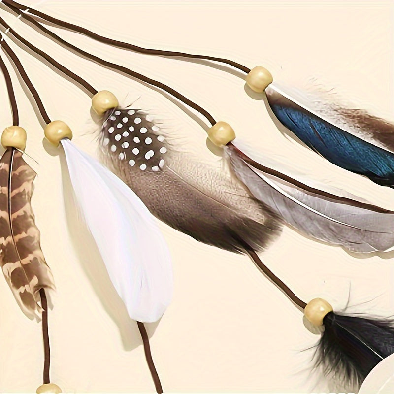 Faux Feather Headband with elegant tassels and colorful feathers on brown strings for bohemian style.