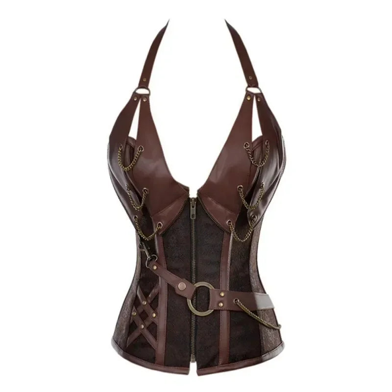 Costumes Faux Leather Top in edgy brown style with chains and zip detail, perfect for bold fashion statements.