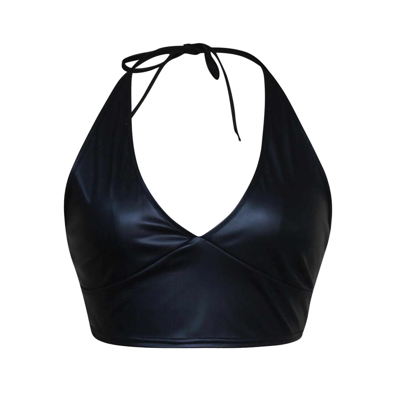 Crop top court en cuir noir élégant, doté d'un col en V flatteur et d'un design à bretelles halter.