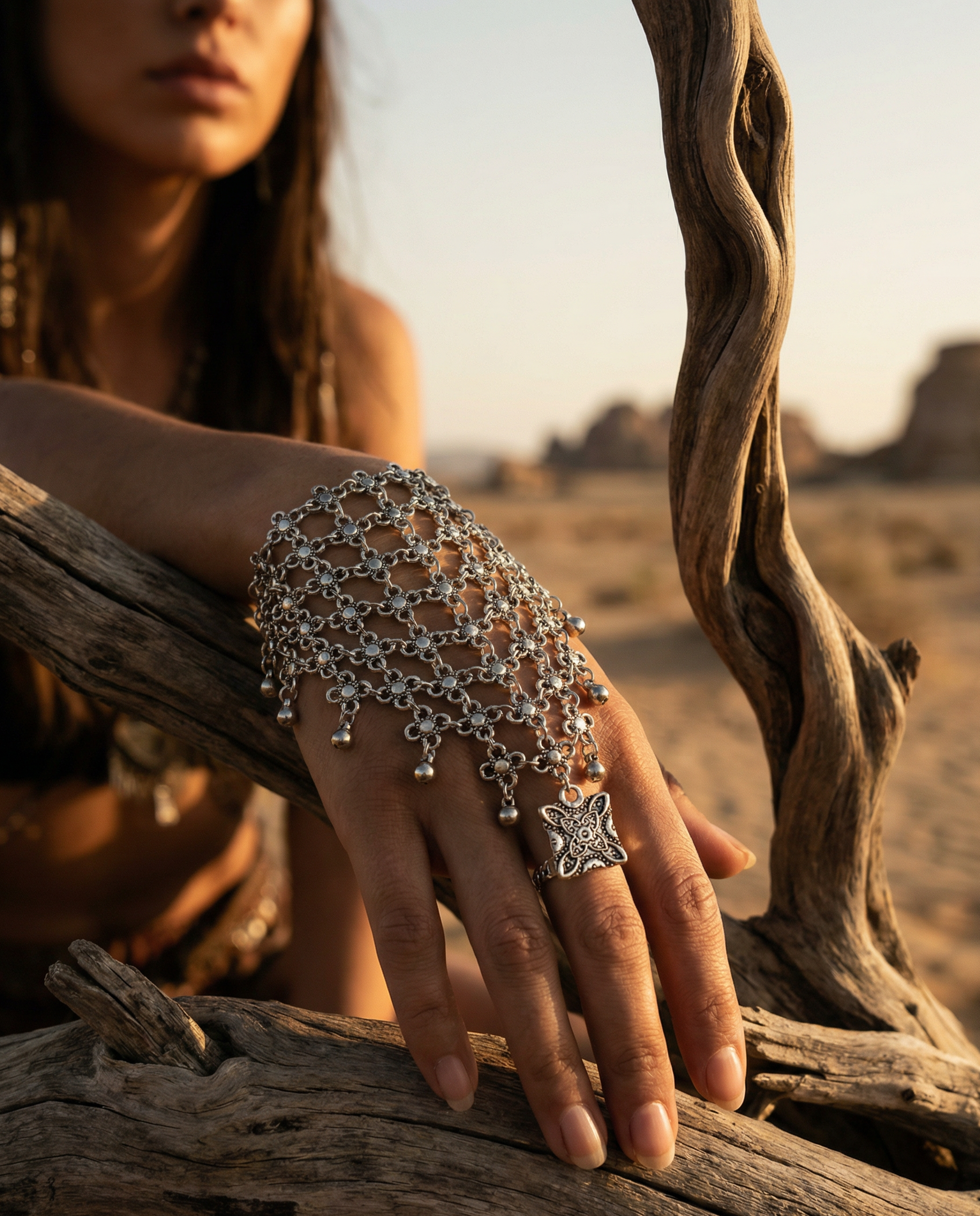 Bracelets en chaîne de doigt en argent antique avec un design de chaîne élégant et un pendentif décoratif pour porter lors des fêtes.
