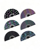 Set of six Folding Holographic Hand Fans with vibrant designs, perfect for raves and festivals.