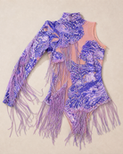 Frida Purple Rhinestone Fringe Bodysuit with one-shoulder, high neck, and nude spandex base.
