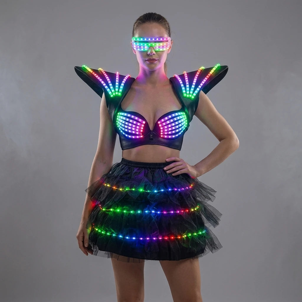 Futuristic black LED tutu bra set with glowing shoulder pieces and matching light-up glasses for festival performances.