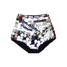 Futuristic Mirror Bra and Short Set featuring dazzling sequined shorts for rave and festival wear.