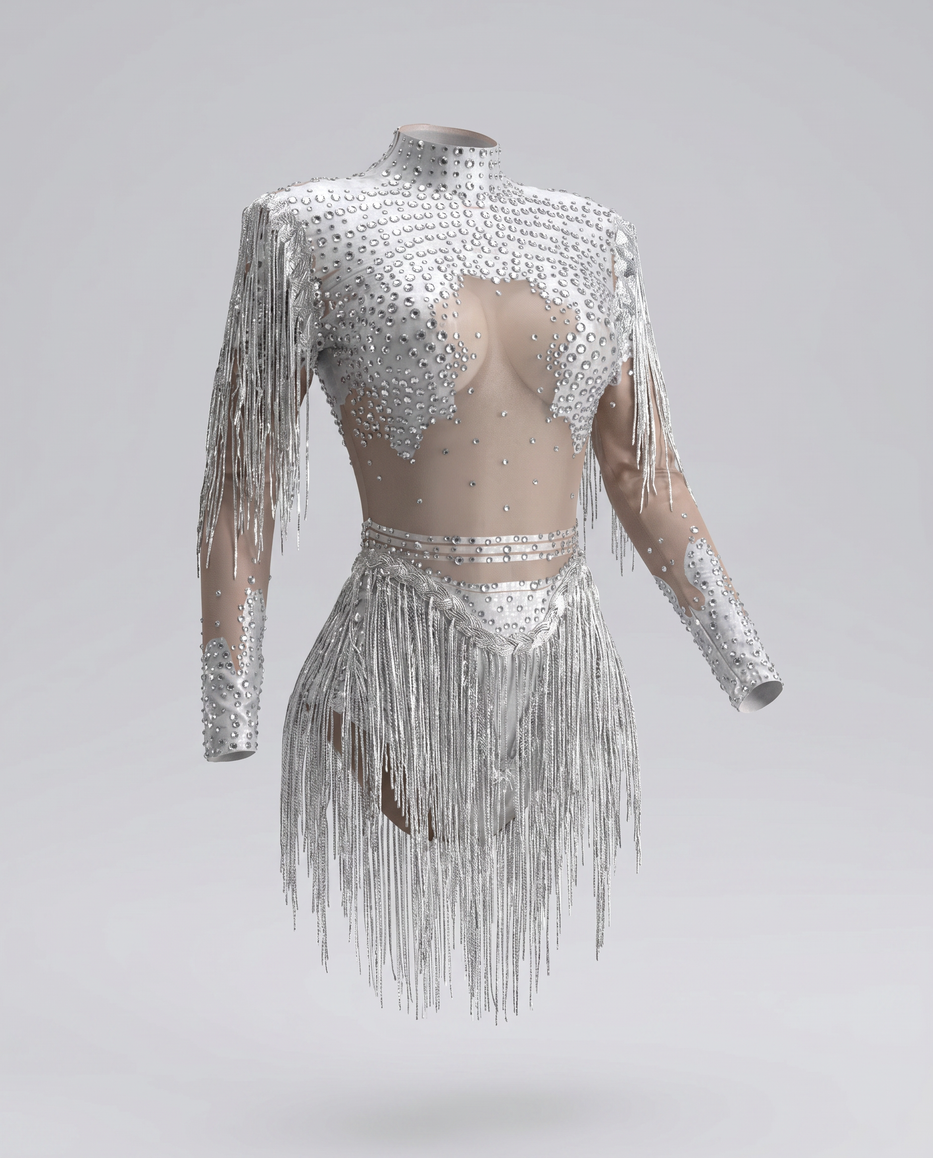 Silver rhinestone fringe bodysuit with sheer panels and high neck.
