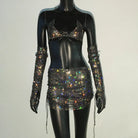 Glitter Rhinestone Top with Mini Skirt and Gloves set showcasing a sparkling festival outfit.