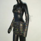 Glitter Rhinestone Top with Mini Skirt and Gloves set on mannequin, featuring shimmering rhinestones.