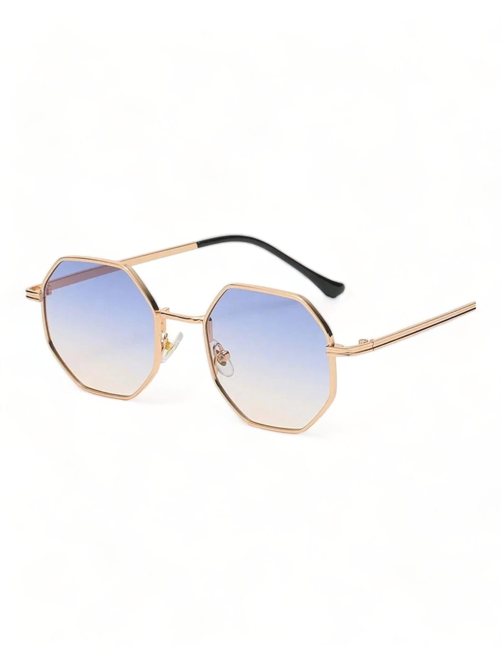 Gafas de Sol con lente azul, montura metálica geométrica octagonal, protección UV-400 y diseño elegante.