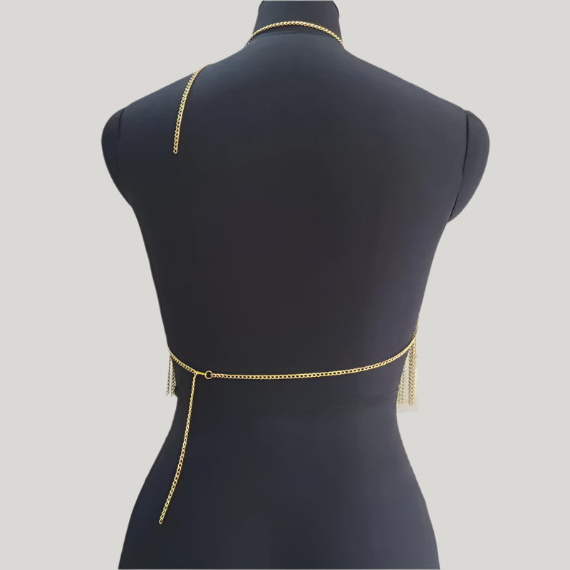 Body Chain Tank Top featuring shimmering gold metal links and stylish fringe details on the back.