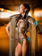 Cosplay Long Tassel Wings worn by a model with golden outfit, showcasing shimmering tassels and dramatic flair.