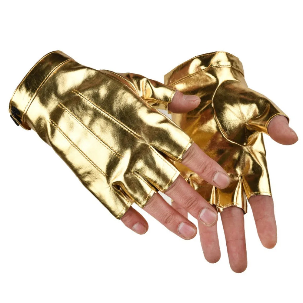 Par de guantes sin dedos de cuero PU dorado brillante, 9.5 x 15 cm, para rave o cosplay.