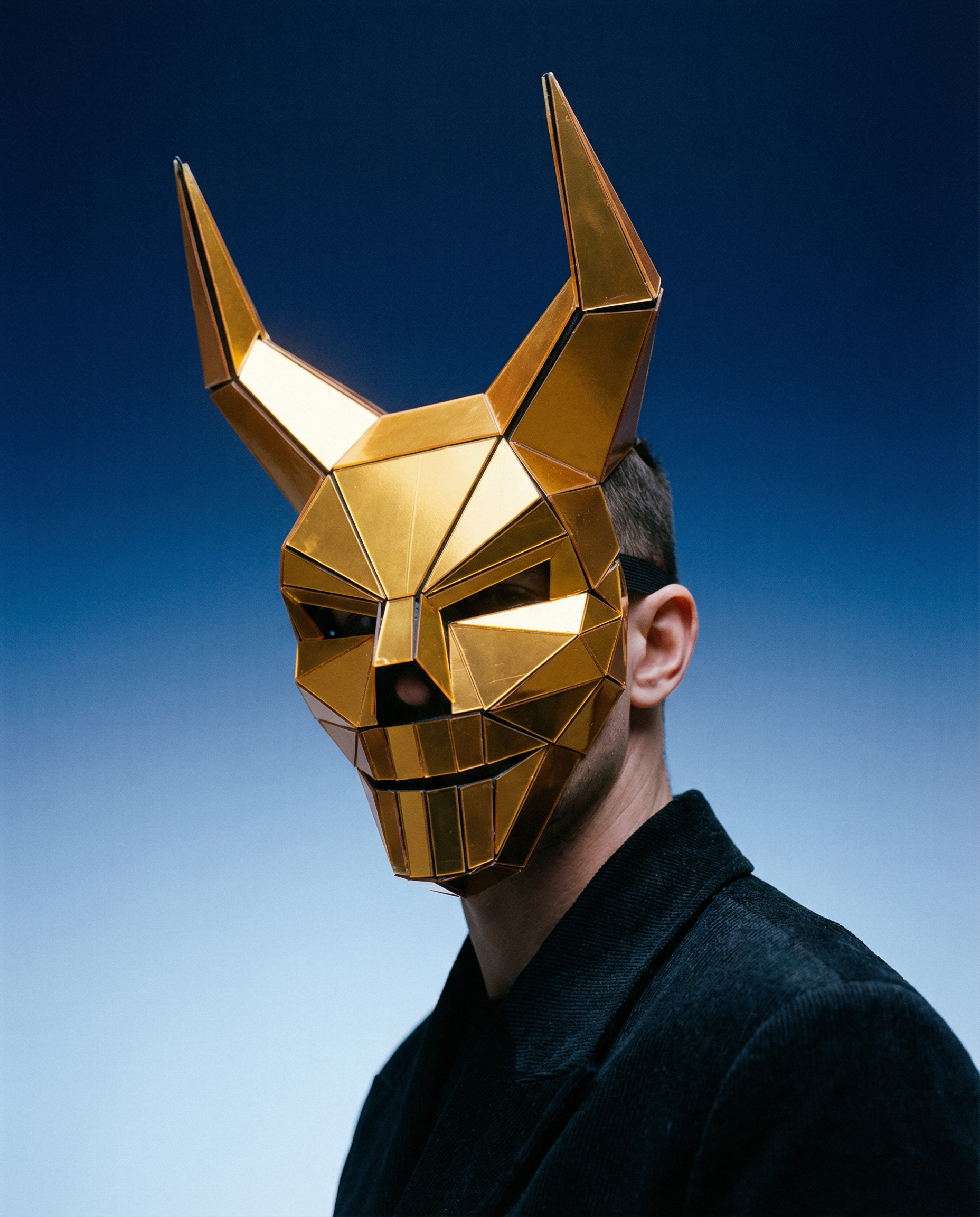 Gold geometric devil mask with sharp horns and mirrored acrylic panels, worn by a person.