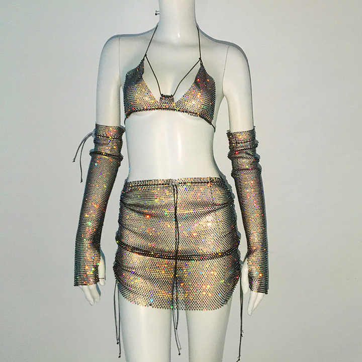 Gold Glitter Rhinestone Top with Mini Skirt and Gloves