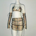 Glitter Rhinestone Top with Mini Skirt and Gloves showcased on a mannequin, sparkling outfit for festivals.