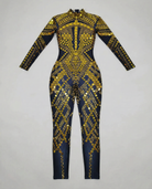 Gold sequin jumpsuit with a high neck and long sleeves, featuring a geometric pattern on dark fabric.